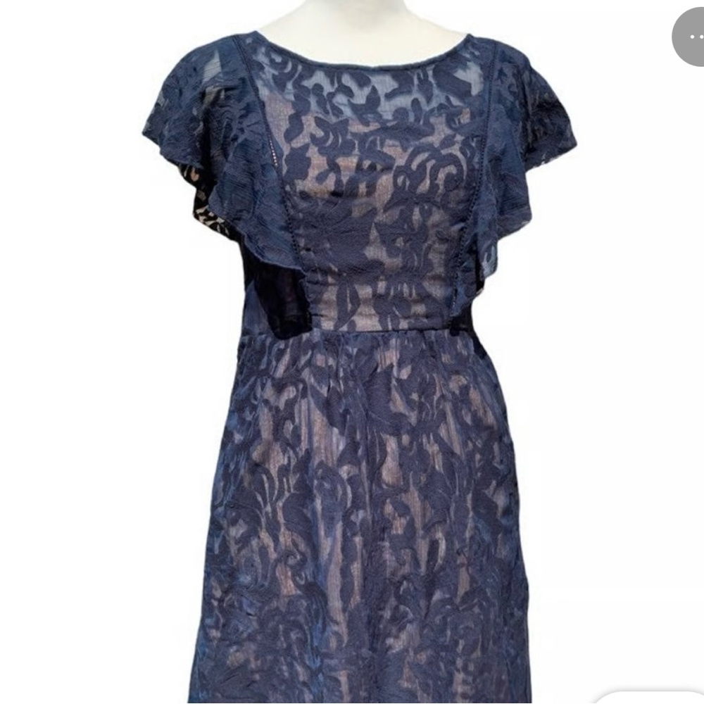 Moulinette Soeurs Anthropologie Navy Blue Lace Dress w/Nude Lining EUC size 2